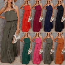 Casual Sexy Solid Color Strapless Ruched Tiered Self-tie Maxi Dress