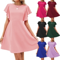 Casual Solid Color Round Neck Ruffled Short Sleeve A-line Dress