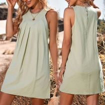 Casual Solid Color Round Neck Ruched Sleeveless A-line Dress