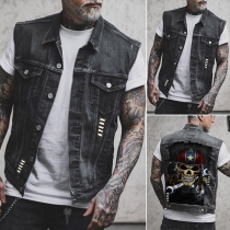 Casual Skull Printed Stand Collar Old-washed Sleeveless Denim Jacket for Men