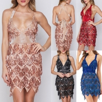 Fashion Bling-bling Sequin Tassel Cross-cross Halter Party Dress