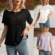 Fashion Lace Spliced Round Neck Short Sleeve Shirt