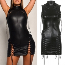 Sexy Mock Neck Sleeveless Lace-up  Artificial Leather PU Bodycon Dress