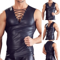 Fashion Lace-up Artificial Leather PU Shirt for Men