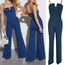 Sexy Slit V-neck Wide-leg Denim Jumpsuit