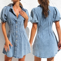 Fashion Old-washed Stand Collar Buttoned Puff Short Sleeve Cinch Waist Denim Dress