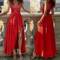 Fashion Sequined Spliced V-neck Sleeveless Irregular Hemline Party Dress