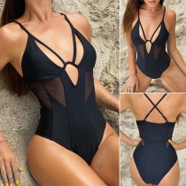Sexy Mesh Spliced V-neck Cutout One-piece Swimsuit/Monokini