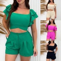 Street Fashion Two-piece Set Consist of Ruffled Crop Top and Shorts
