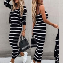 Fashion Stripe Printed Two-piece Set Consist of Cardigan and Bodycon Slip Dress
