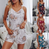 Vintage Floral Printed Two-piece Set Consist of Cami Shirt and Drawstring Shorts