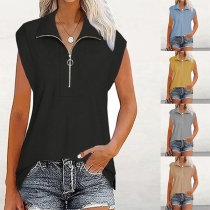 Casual Solid Color Half-zip Stand Collar Sleeveless Shirt