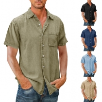 Casual Old-washed Stand Collar Short Sleeve Patch Pockets Shirt for Men
