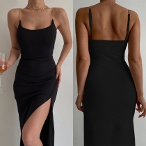 Sexy Ruched Backless Slit Chain Bodycon Dress