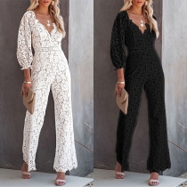 Sexy V-neck 3/4 Long Sleeve High-rise Slim Fit Lace Jumpsuit