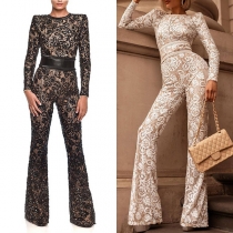 Sexy V-neck 3/4 Long Sleeve High-rise Slim Fit Lace Jumpsuit
