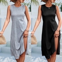 Casual Solid Color Round Neck Sleeveless Slit Dress