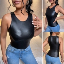 Street Fashion Round Neck Sleeveless Black Artificial Leather PU Shirt （Size Run Small）