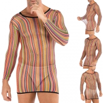 Sexy Colorful Verticial Stripe Printed Mesh Net Mini Dress for Men
