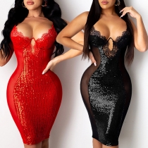 Sexy Semi-through Gauze Spliced Lace Sequined V-neck Bodycon Party Dress