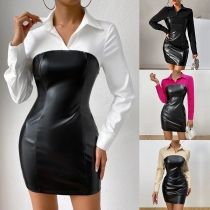 Fashion Contrast Color Stand Collar V-neck Long Sleeve Artificial Leather PU Bodycon Dress
