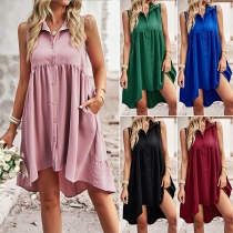 Casual Solid Color Stand Collar Sleeveless High-low Hemline Dress