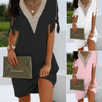 Casual Lace Spliced V-neck Short Sleeve Summer Dress