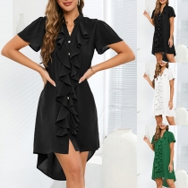 Casual Solid Color V-neck Buttoned Ruffled Short Sleeve High-low Hemline Dress