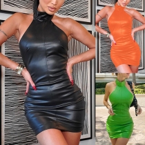 Fashion Mock Neck Backless Artificial Leather PU Bodycon Party Dress