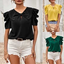 Fashion Solid Color Ruched Puff Short Sleeve Shirt
