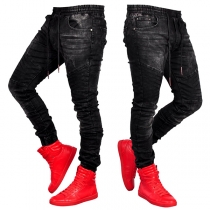 Street Fashion Old-washed Elastic Drawstring Denim Jeans for Men