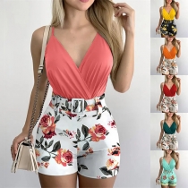 Bohemia Style Two-piece Set Consist of Solid Color Cami Top and Printed Shorts with Belt