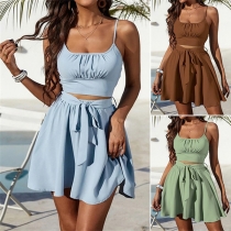 Fashion Solid Color Two-piece Set Consist of Crop Top and Self-tie Skirt