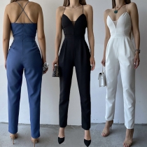 Sexy Solid Color Gauze Spliced Jumpsuit