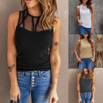 Fashion Semi-through Gauze Spliced Round Neck Sleeveless Shirt