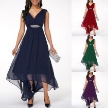 Elegant Solid Color V-neck Ruched Sleeveless Chiffon Dress