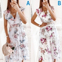 Fresh Style Floral Printed V-neck Ruffled Sleeve Smocked Waist Tiered Dress-without Belt