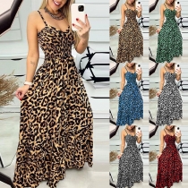 Street Fashion Leopard Printed V-neck High-waist Maxi Dress