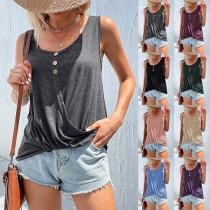 Casual Solid Color Round Neck Sleeveless Buttoned Shirt
