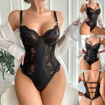 Sexy Lace Spliced Artificial Leather PU Backless Lingerie Bodysuit