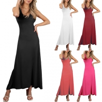 Fashion Solid Color Low-cut Round Neck Sleeveless Tank Dress