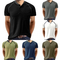 Fashion Contrast Color Button Round Neck Short Sleeve Shirt for Men