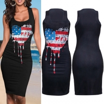 Fashion Contrast Color Heart Flag Printed Round Neck Sleeveless Bodycon Tank Dress