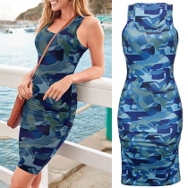 Sexy Camouflage Printed Round Neck Sleeveless Ruched Bodycon Tank Dress