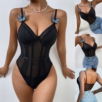 Sexy Semi-through Butterfly V-neck Backless Bodysuit