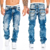 Street Fashion Old-washed Mid-rise Straight-Cut Denim Jeans for Men