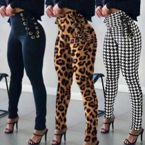 Street Fashion Solid Color/Leopard Print/Houndstooth Printed Lace-up Skinny Pants