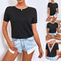Fashion Round Neck Short Sleeve Lace Spliced Backless Shirt