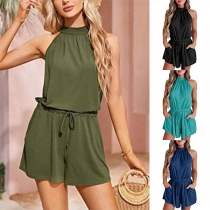 Casual Solid Color Mock Neck Sleeveless Drawstring Romper with Side Pockets