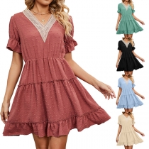 Casual Lace Spliced V-neck Swiss-dot Tiered Dress